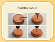 1. Die Mitte anzeichnen  -  2. Vorkörnen  -  3. Vorohren  -  4. Den Teller bohren